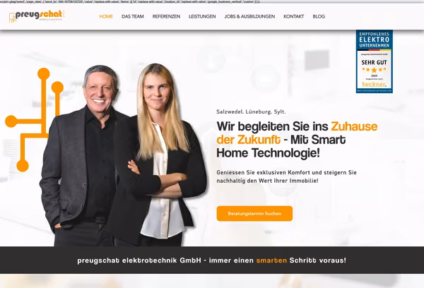 Startbildschirm der Webseite von Preugschat Elektrotechnik