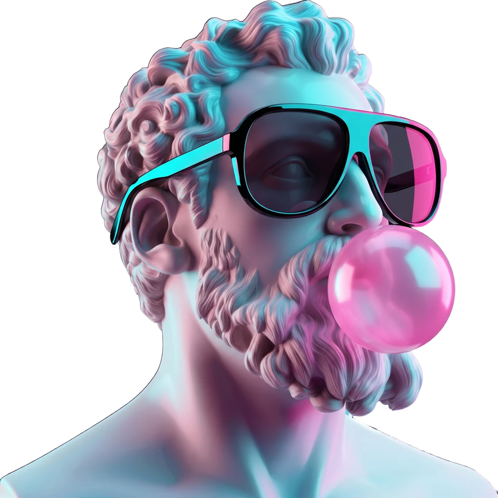 Marmorbüste in Pastellrosa mit neonpinker Sonnenbrille, die eine Kaugummiblase macht
